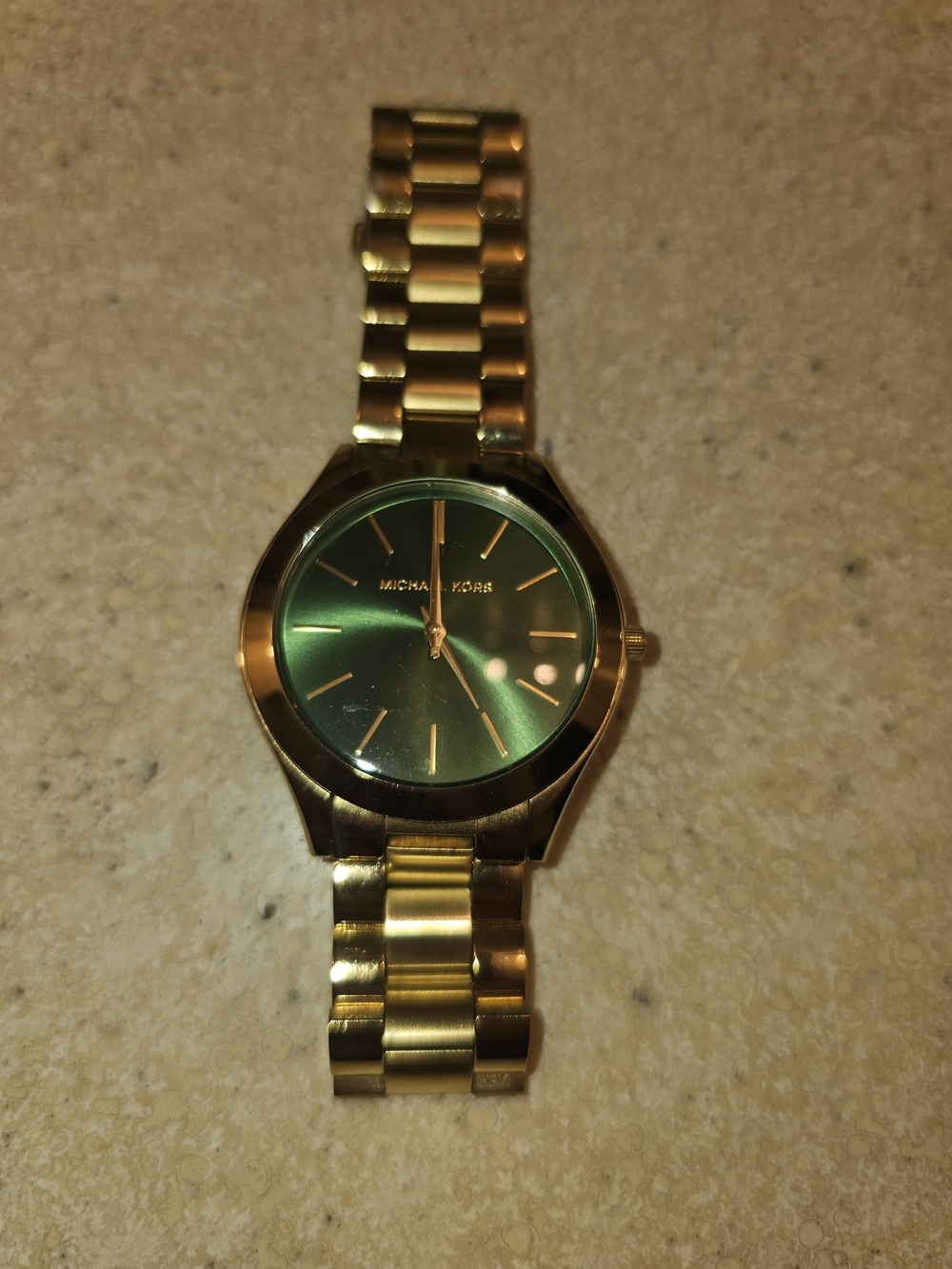 Michael Kors Gold Tone Bracelet Watch with Green Sunray Dial
